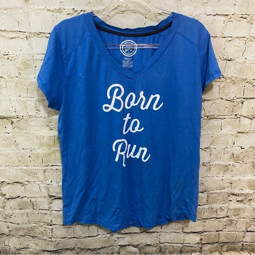 Life Is Good Fitted Blue Born To Run V Neck Short Sleeve Top